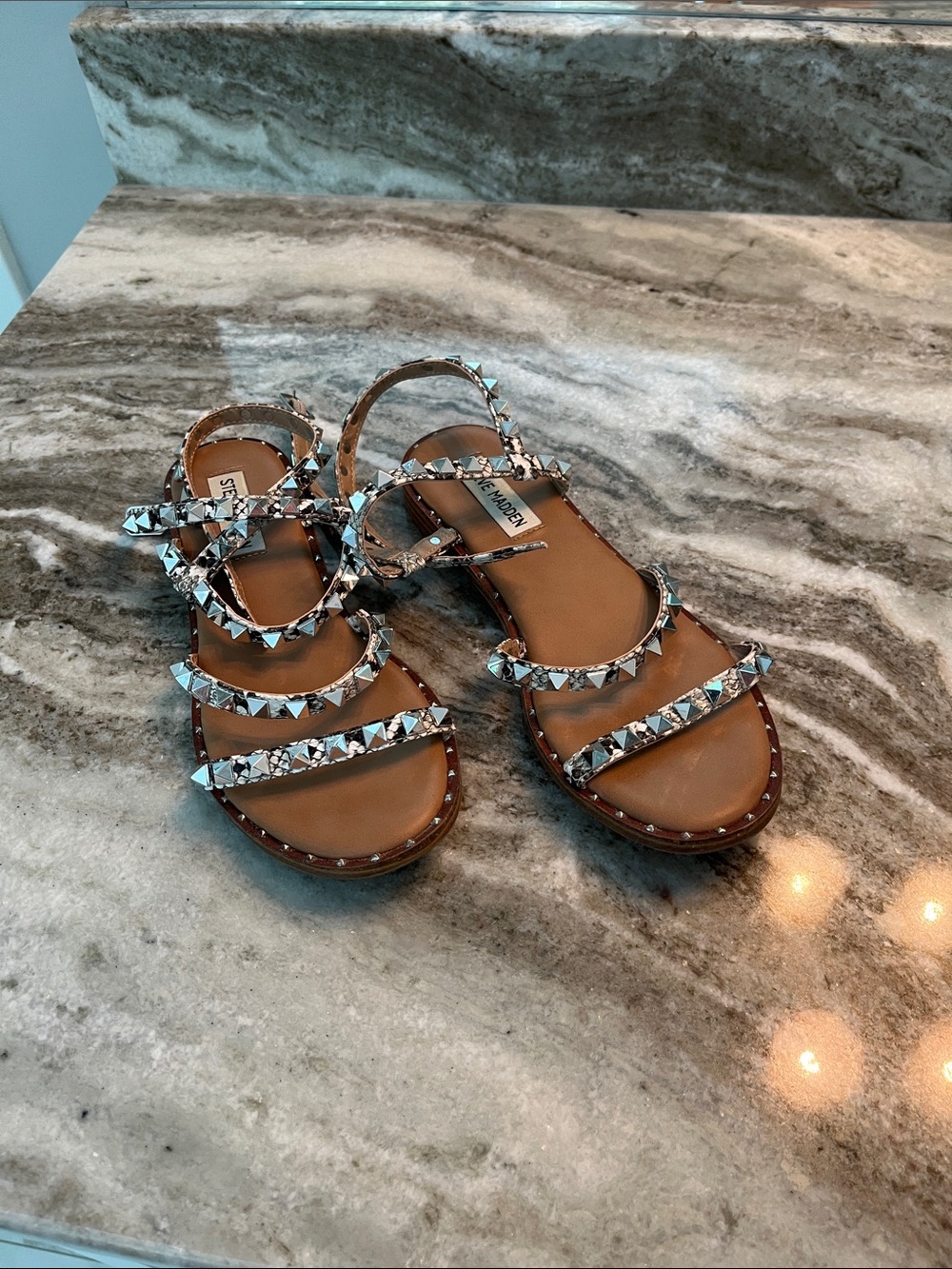 Steve Madden Tan Leather Studded Strappy Sandals with Silver Pyramid Studs